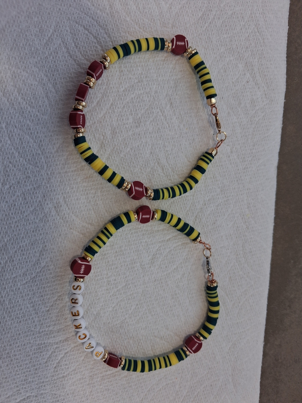 Green and Yellow Beaded Sports Charm Bracelet with Maroon Football Accents